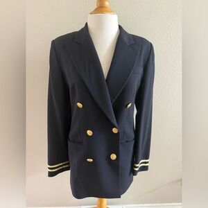 Talbots Navy Wool Double-Breasted Blazer Sz 4 Gold Buttons Nautical Arm Stripes
